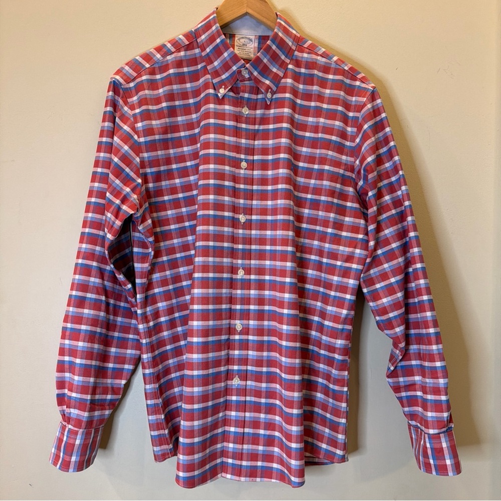 Brooks Brothers Regent Fit Non-Iron Shirt Mens Large Red/blue Plaid Button Up